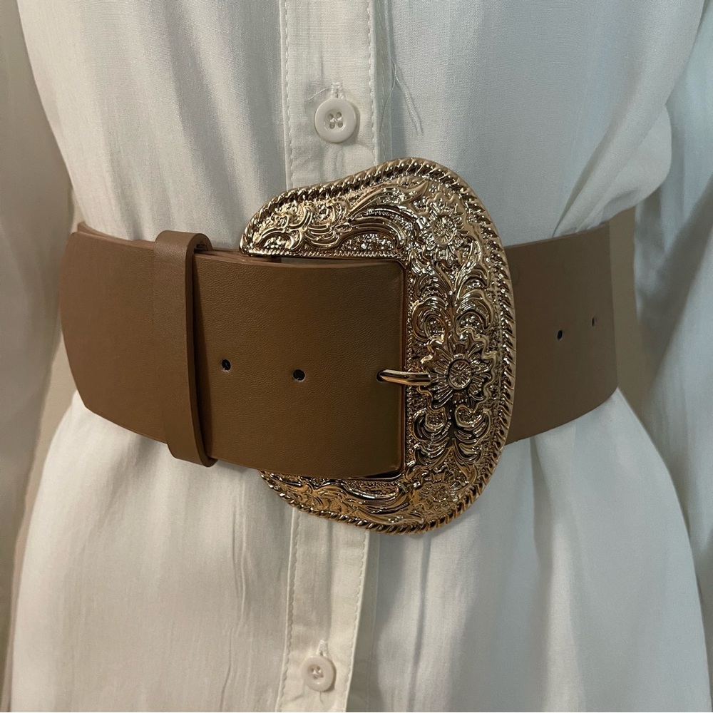 Taupe faux leather chunky gold tone buckle belt